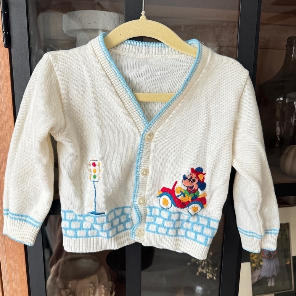 Vintage 1990s Mickey Mouse cardigan sweater embroidered baby boy car toddler
